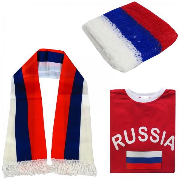 Fan-Paket-7 &quot;Russland&quot; WM Fußball Fan Shirt Schal Schweißband Party