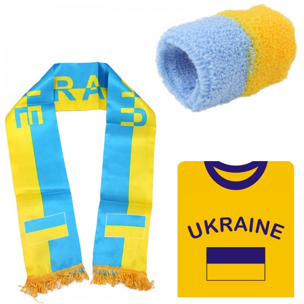 Fan-Paket-7 &quot;Ukraine&quot; WM Fußball Fan Shirt Schal Schweißband Party