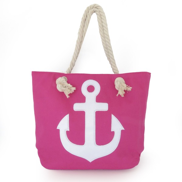 Strandtasche Anker bestickt maritim Seilkordel Shopper pink