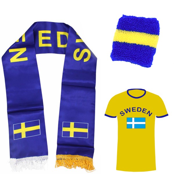 Fan-Paket-7 &quot;Schweden&quot; WM Fußball Fan Shirt Schal Schweißband Party